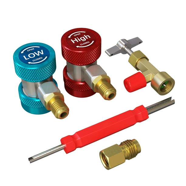 detool R134A Refrigerant Adapters Quick Couplers with Can Tap and Valve Core Remover 3-in-1 AC Tool Kit detool R134A Refrigerant Adapters Quick Couplers with Can Tap and Valve Core Remover 3-in-1 AC Tool Kit